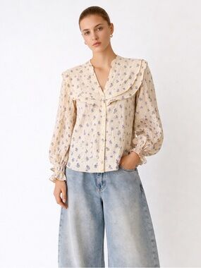 zara Romantic Floral Ruffle Collar Blouse Cream Purple Vintage Inspired